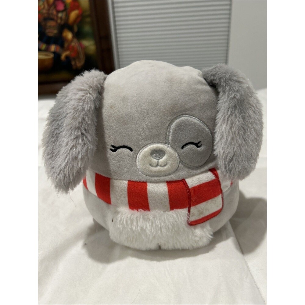 Kellytoy Squishmallows Ivy Gray Puppy Dog Red White Scarf Christmas Plush